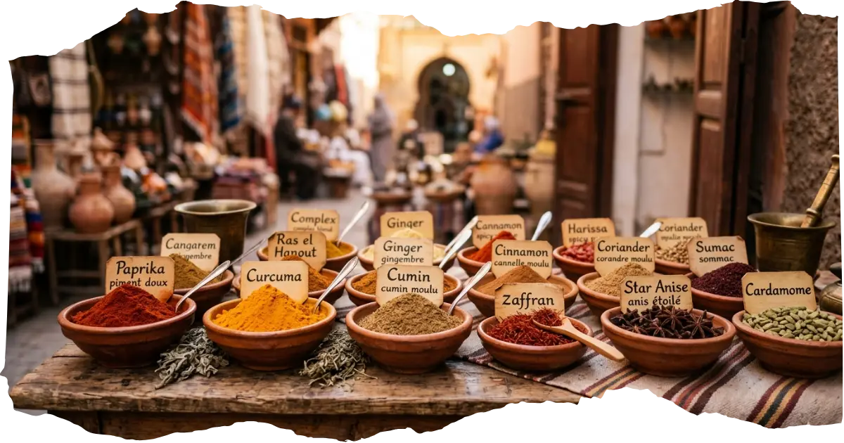 A Moroccan spice market with colorful mounds of ground spices in terracotta bowls