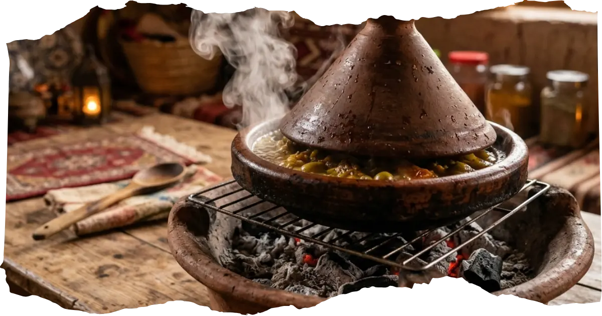 A traditional clay tagine simmering over low heat with steam rising from the conical lid