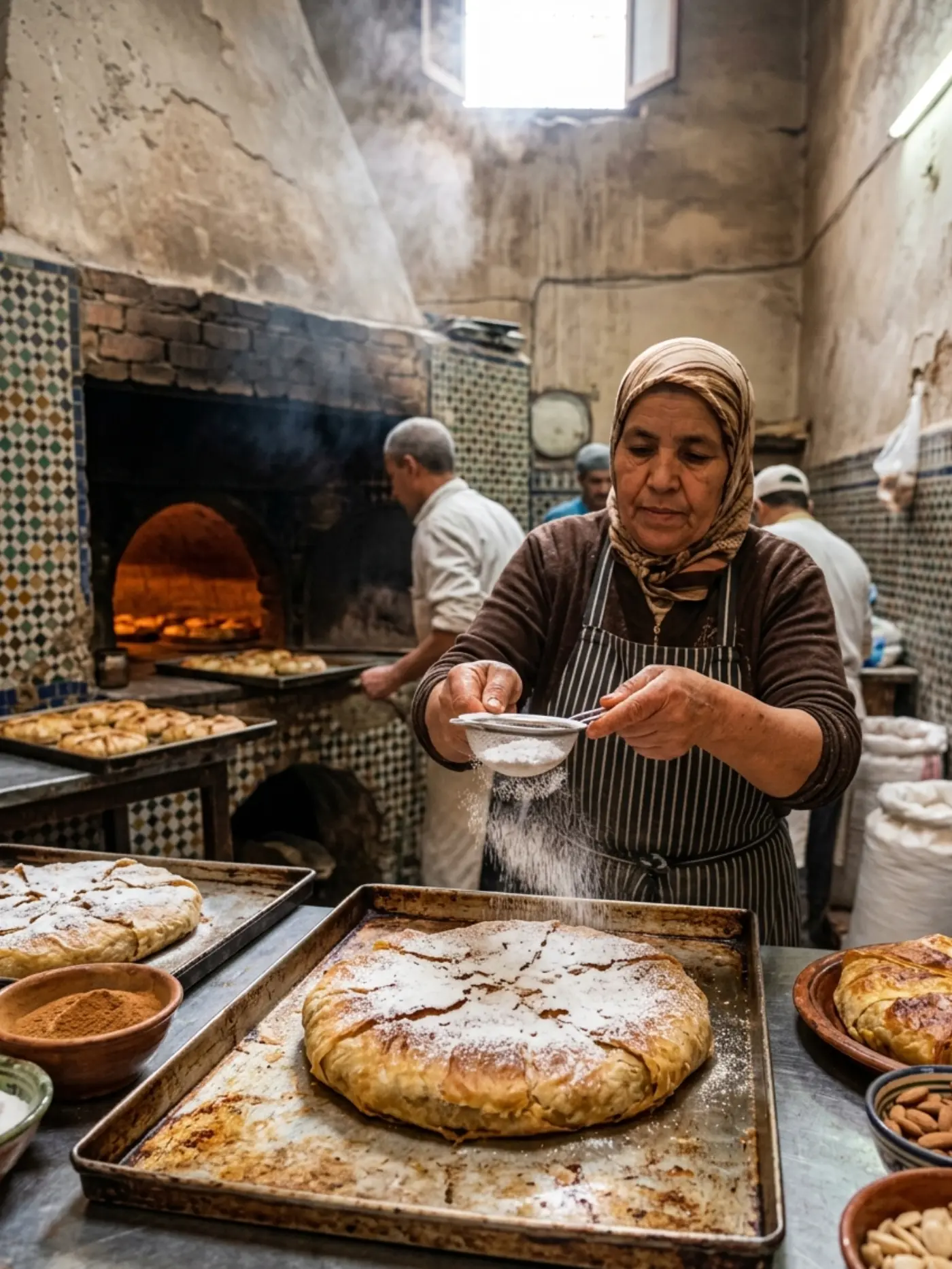 A tray of Moroccan pastries dusted with cinnamon and powdered sugar