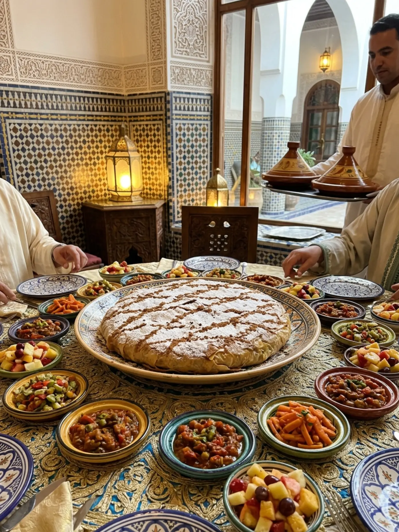 A Moroccan family meal with a bastilla at the center of the table