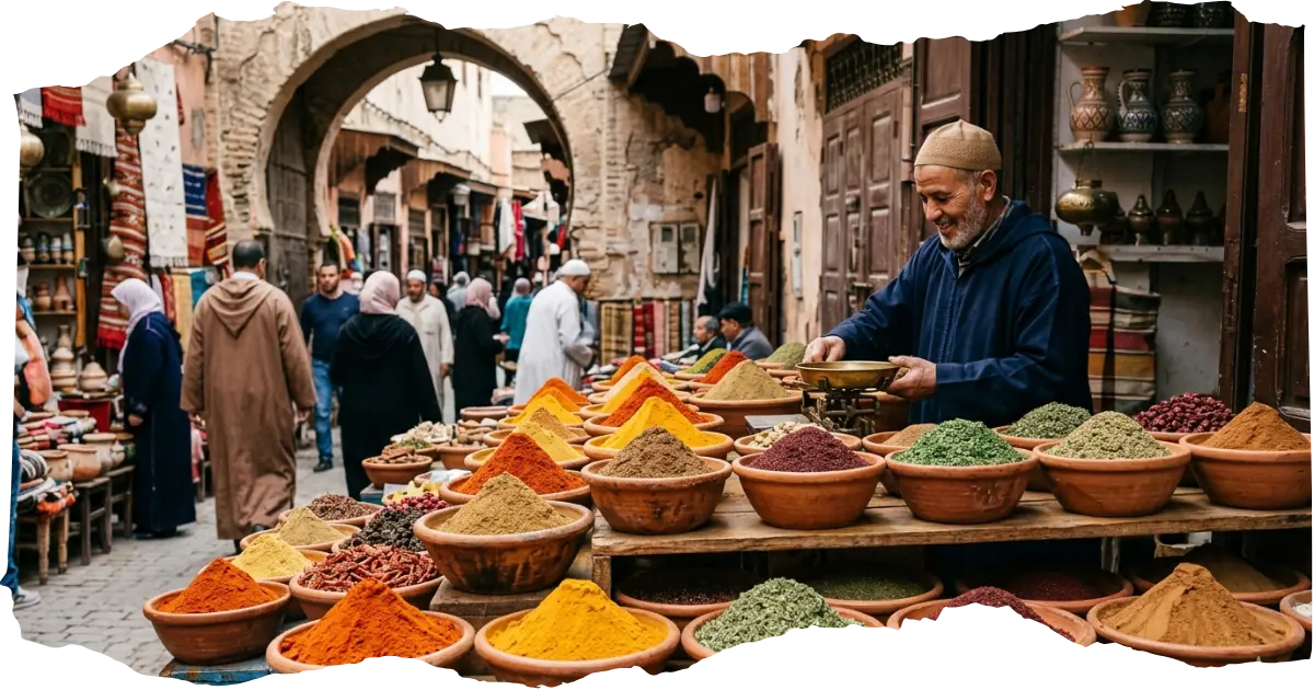 Close-up of colorful Moroccan spices arranged in small terracotta bowls with warm golden light