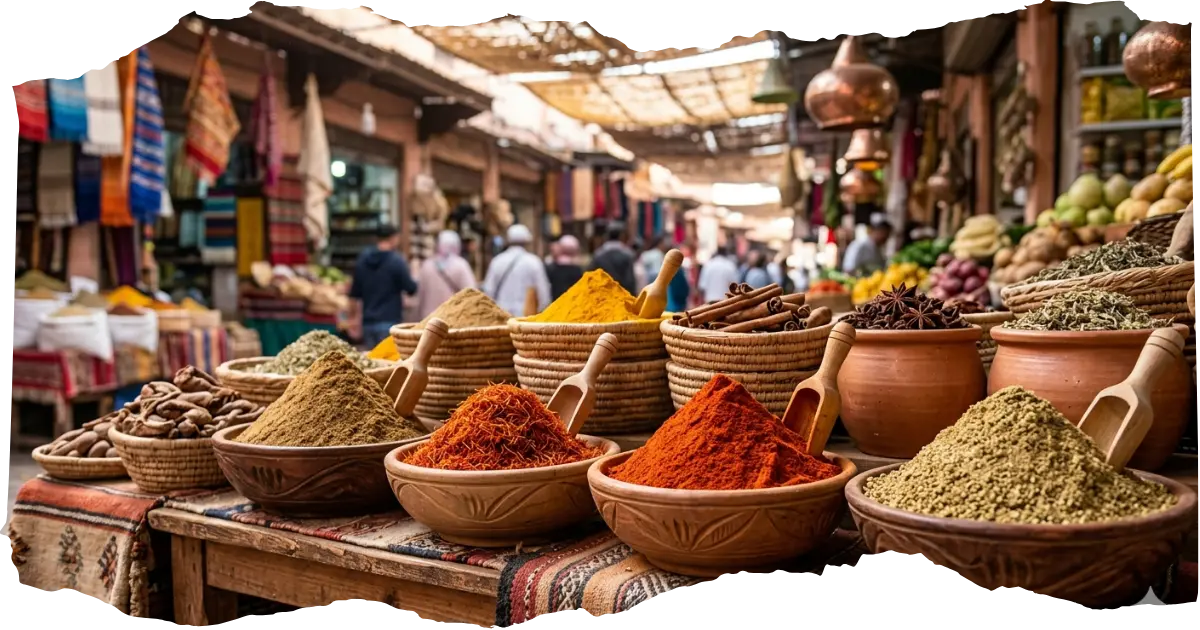 Moroccan spices arranged in a market — cumin, saffron, paprika, coriander in vivid piles