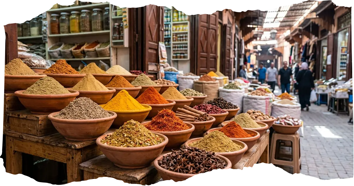 Rich array of Moroccan spices in clay bowls at a medina market