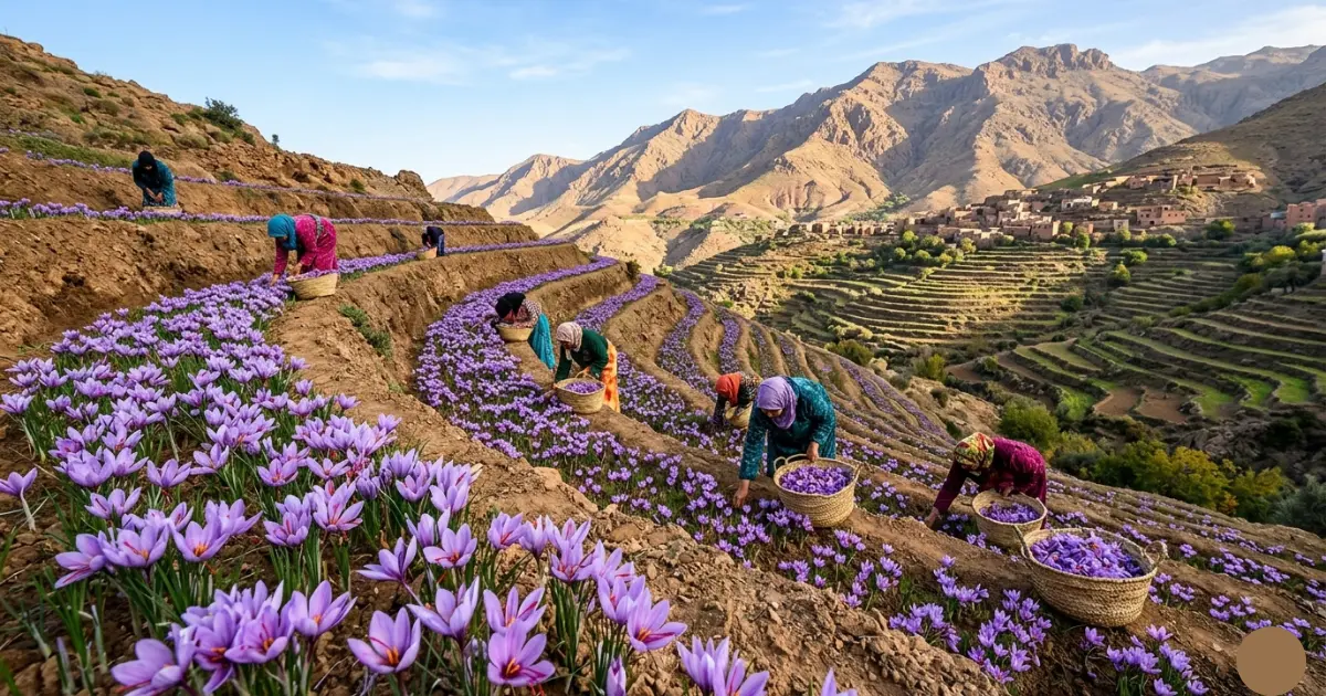Saffron flowers blooming in Taliouine's terraced fields during October harvest