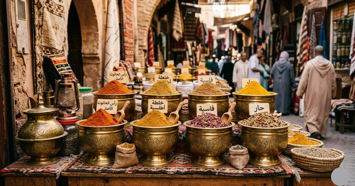 Traditional brass containers filled with various ras el hanout spice blends in a Moroccan souk