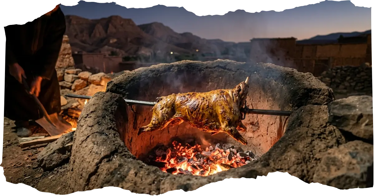 Whole lamb roasting slowly over coals in a traditional Moroccan clay pit