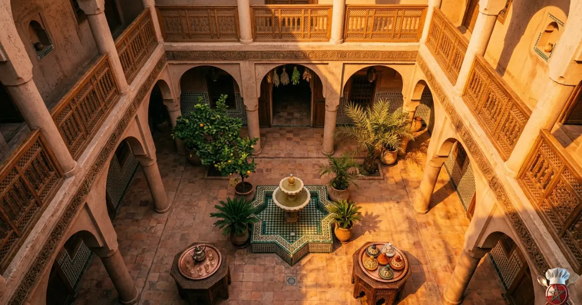 Traditional Moroccan riad courtyard at golden hour